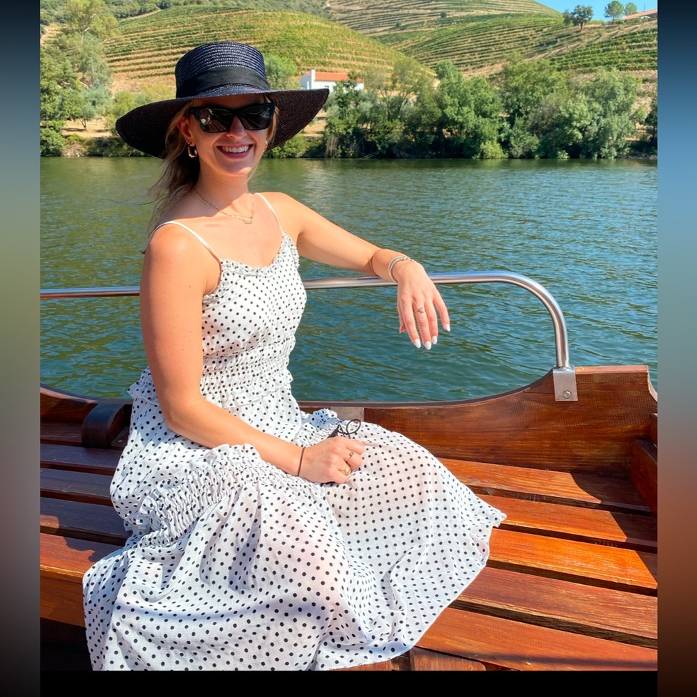 Polka Dot Midi Sun Dress with Ruched bodice